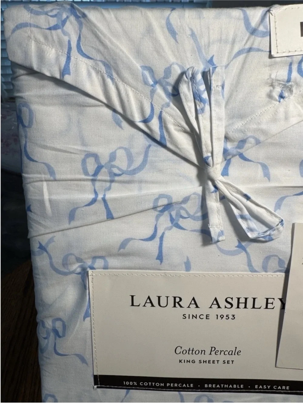 Laura Ashley King Blue Bow 100% Percale Cotton Sheet Set NWT Cottagecore